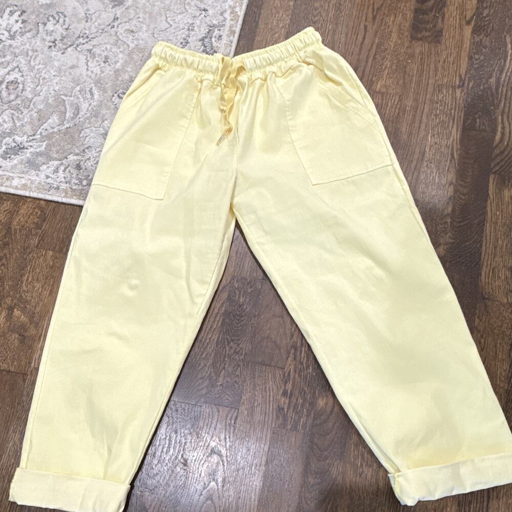 Made in Italy Yellow Solid Ankle Pants Drawstring Elastic Waist Pockets Size L